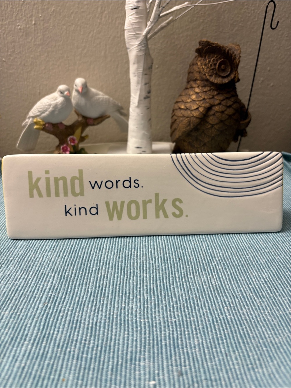 Inspirational 'Kind Words. Kind Works.' White Desk Sign with Green Accent